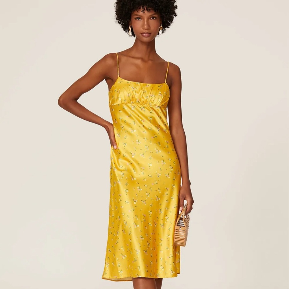NWT KOURT Yellow Floral Printed Rachel Dress - Midi/Below Knee, Brand New, Satin